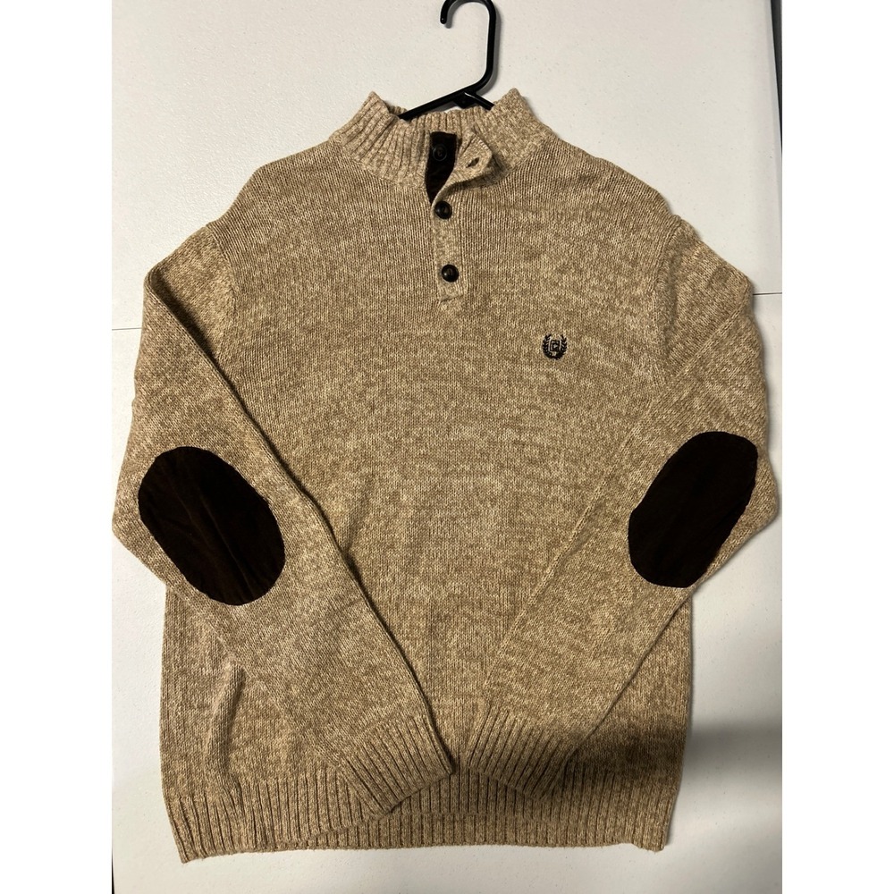 Chaps Sweater Mens Large Tan Mock Neck Quarter Button Elbow Patches Classic